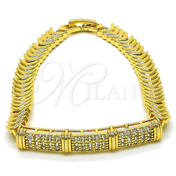 Oro Laminado Fancy Bracelet, Gold Filled Style Nameplate Design, with White Cubic Zirconia, Polished, Golden Finish, 03.346.0022.07 (08 MM Thickness, 7 Inches Length)