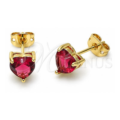 Oro Laminado Stud Earring, Gold Filled Style Heart Design, with Ruby Cubic Zirconia, Polished, Golden Finish, 02.342.0290.1