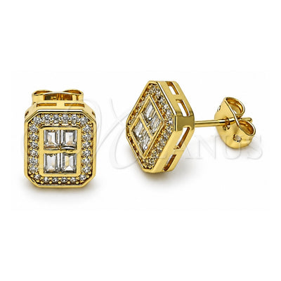Oro Laminado Stud Earring, Gold Filled Style Baguette Design, with White Micro Pave and White Cubic Zirconia, Polished, Golden Finish, 02.342.0294