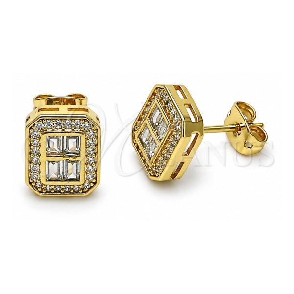 Oro Laminado Stud Earring, Gold Filled Style Baguette Design, with White Micro Pave and White Cubic Zirconia, Polished, Golden Finish, 02.342.0294