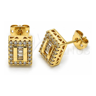 Oro Laminado Stud Earring, Gold Filled Style Baguette Design, with White Micro Pave and White Cubic Zirconia, Polished, Golden Finish, 02.342.0295