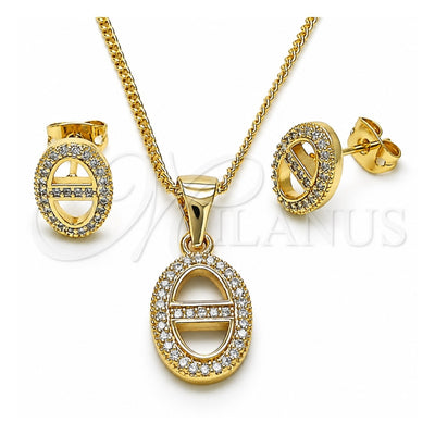 Oro Laminado Earring and Pendant Adult Set, Gold Filled Style Puff Mariner Design, with White Micro Pave, Polished, Golden Finish, 10.342.0146