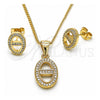Oro Laminado Earring and Pendant Adult Set, Gold Filled Style Puff Mariner Design, with White Micro Pave, Polished, Golden Finish, 10.342.0146