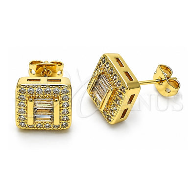 Oro Laminado Stud Earring, Gold Filled Style Baguette Design, with White Micro Pave and White Cubic Zirconia, Polished, Golden Finish, 02.342.0307