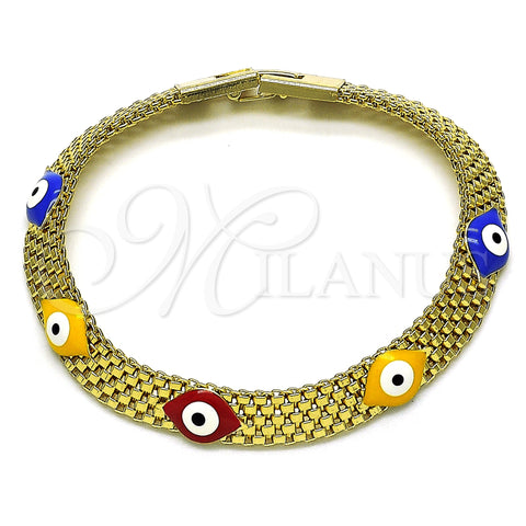 Oro Laminado Fancy Bracelet, Gold Filled Style Evil Eye and Bismark Design, Multicolor Enamel Finish, Golden Finish, 03.331.0213.1.08 (08 MM Thickness, 8 Inches Length)