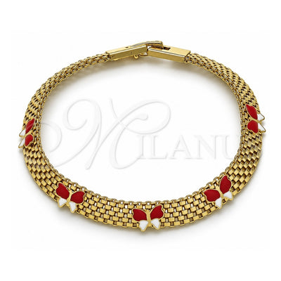 Oro Laminado Fancy Bracelet, Gold Filled Style Butterfly and Bismark Design, Red Enamel Finish, Golden Finish, 03.331.0216.08 (08 MM Thickness, 8 Inches Length)