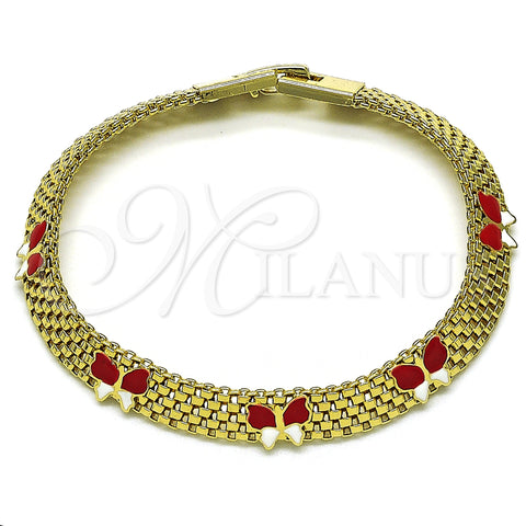 Oro Laminado Fancy Bracelet, Gold Filled Style Butterfly and Bismark Design, Red Enamel Finish, Golden Finish, 03.331.0216.08 (08 MM Thickness, 8 Inches Length)