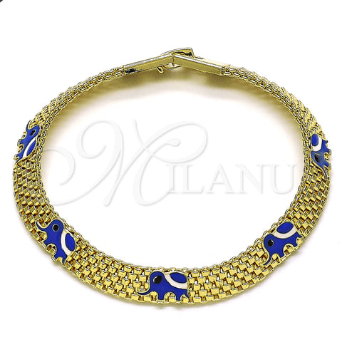 Oro Laminado Fancy Bracelet, Gold Filled Style Elephant and Bismark Design, Blue Enamel Finish, Golden Finish, 03.331.0218.08 (08 MM Thickness, 8 Inches Length)