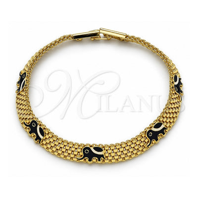 Oro Laminado Fancy Bracelet, Gold Filled Style Elephant and Bismark Design, Black Enamel Finish, Golden Finish, 03.331.0218.2.08 (08 MM Thickness, 8 Inches Length)
