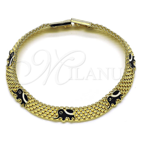 Oro Laminado Fancy Bracelet, Gold Filled Style Elephant and Bismark Design, Black Enamel Finish, Golden Finish, 03.331.0218.2.08 (08 MM Thickness, 8 Inches Length)