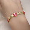 Oro Laminado Fancy Bracelet, Gold Filled Style Heart and Bismark Design, Red Enamel Finish, Golden Finish, 03.331.0220.07 (07 MM Thickness, 7 Inches Length)