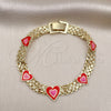 Oro Laminado Fancy Bracelet, Gold Filled Style Heart and Bismark Design, Red Enamel Finish, Golden Finish, 03.331.0220.07 (07 MM Thickness, 7 Inches Length)