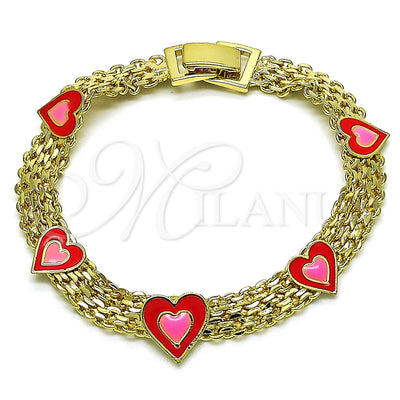 Oro Laminado Fancy Bracelet, Gold Filled Style Heart and Bismark Design, Red Enamel Finish, Golden Finish for wholesale, main product view