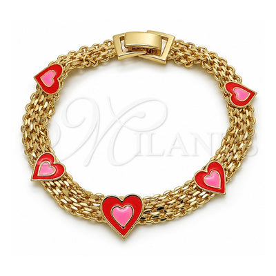 Oro Laminado Fancy Bracelet, Gold Filled Style Heart and Bismark Design, Red Enamel Finish, Golden Finish, 03.331.0220.07 (07 MM Thickness, 7 Inches Length)