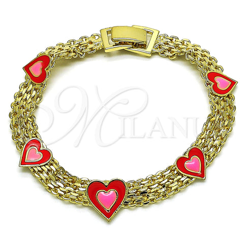 Oro Laminado Fancy Bracelet, Gold Filled Style Heart and Bismark Design, Red Enamel Finish, Golden Finish, 03.331.0220.07 (07 MM Thickness, 7 Inches Length)