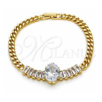 Oro Laminado Fancy Bracelet, Gold Filled Style Baguette and Miami Cuban Design, with White Cubic Zirconia, Polished, Golden Finish, 03.283.0345.07 (05 MM Thickness, 7 Inches Length)