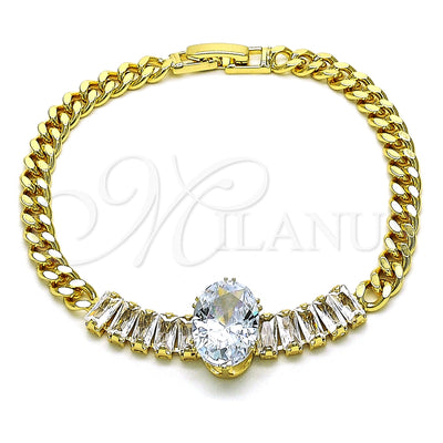 Oro Laminado Fancy Bracelet, Gold Filled Style Baguette and Miami Cuban Design, with White Cubic Zirconia for wholesale, main product view
