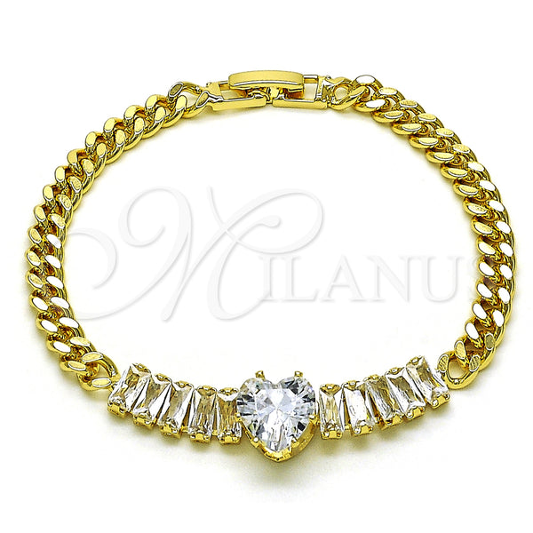Oro Laminado Fancy Bracelet, Gold Filled Style Heart and Baguette Design, with White Cubic Zirconia, Polished, Golden Finish, 03.283.0346.07 (05 MM Thickness, 7 Inches Length)