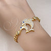 Oro Laminado Fancy Bracelet, Gold Filled Style Dolphin and Heart Design, with White and Sapphire Blue Micro Pave, Polished, Golden Finish, 03.283.0350.07 (07 MM Thickness, 7 Inches Length)