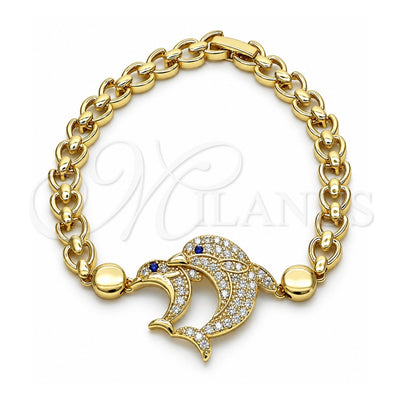 Oro Laminado Fancy Bracelet, Gold Filled Style Dolphin and Heart Design, with White and Sapphire Blue Micro Pave, Polished, Golden Finish, 03.283.0350.07 (07 MM Thickness, 7 Inches Length)