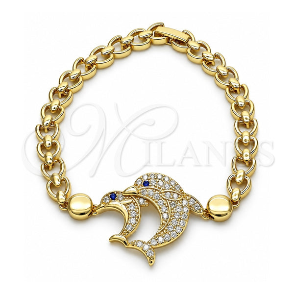 Oro Laminado Fancy Bracelet, Gold Filled Style Dolphin and Heart Design, with White and Sapphire Blue Micro Pave, Polished, Golden Finish, 03.283.0350.07 (07 MM Thickness, 7 Inches Length)