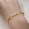Oro Laminado Fancy Bracelet, Gold Filled Style Heart Design, with White Micro Pave, Polished, Golden Finish, 03.283.0353.07 (08 MM Thickness, 7 Inches Length)