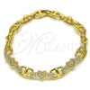Oro Laminado Fancy Bracelet, Gold Filled Style Heart Design, with White Micro Pave, Polished, Golden Finish, 03.283.0353.07 (08 MM Thickness, 7 Inches Length)