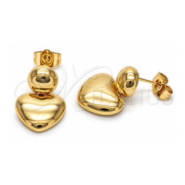 Oro Laminado Stud Earring, Gold Filled Style Heart and Ball Design, Polished, Golden Finish, 02.156.0668