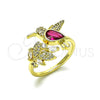 Oro Laminado Multi Stone Ring, Gold Filled Style Bird and Leaf Design, with Ruby and White Cubic Zirconia, Polished, Golden Finish, 01.196.0023.1 (One size fits all)