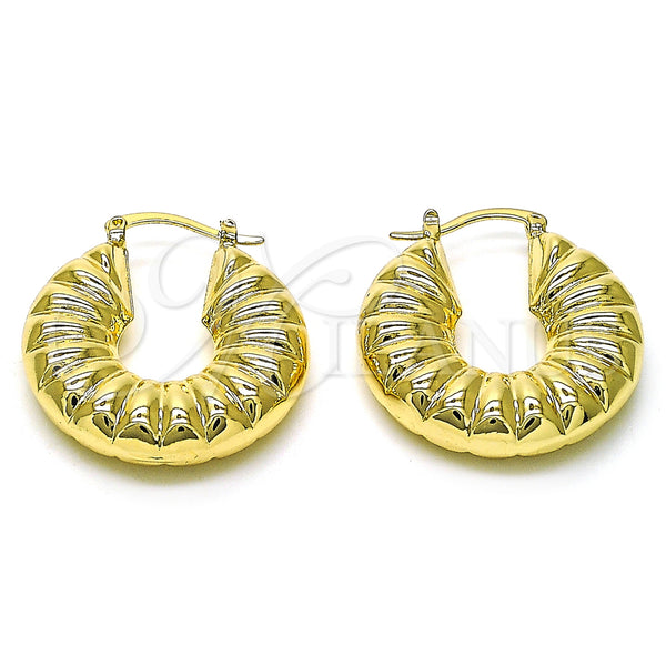 Gold Filled Hoop Earrings — Medium Hoop Hollow Design Diamond Cutting 02. — main product view — SKU 154415 | Oro Laminado aretes de aro — Medium Hoop Hollow diseño Diamond Cutting 02. — SKU 154415