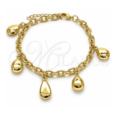Oro Laminado Charm Bracelet, Gold Filled Style Teardrop and Rolo Design, Polished, Golden Finish, 03.213.0236.07 (05 MM Thickness, 7 Inches Length)
