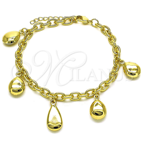 Oro Laminado Charm Bracelet, Gold Filled Style Teardrop and Rolo Design, Polished, Golden Finish, 03.213.0236.07 (05 MM Thickness, 7 Inches Length)