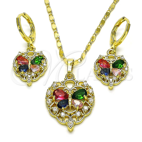 Oro Laminado Earring and Pendant Adult Set, Gold Filled Style Heart and Butterfly Design, with Multicolor Cubic Zirconia, Polished, Golden Finish, 10.196.0113