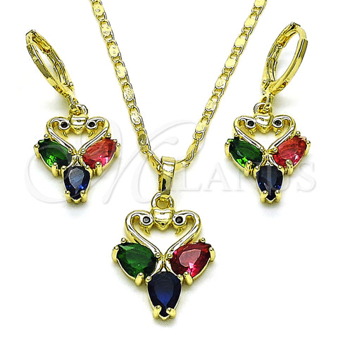 Oro Laminado Earring and Pendant Adult Set, Gold Filled Style Swan and Heart Design, with Multicolor Cubic Zirconia and Black Micro Pave, Polished, Golden Finish, 10.196.0114