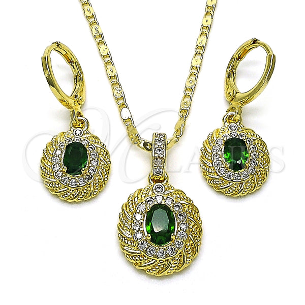 Oro Laminado Earring and Pendant Adult Set, Gold Filled Style with Green Cubic Zirconia and White Micro Pave, Polished, Golden Finish, 10.196.0118