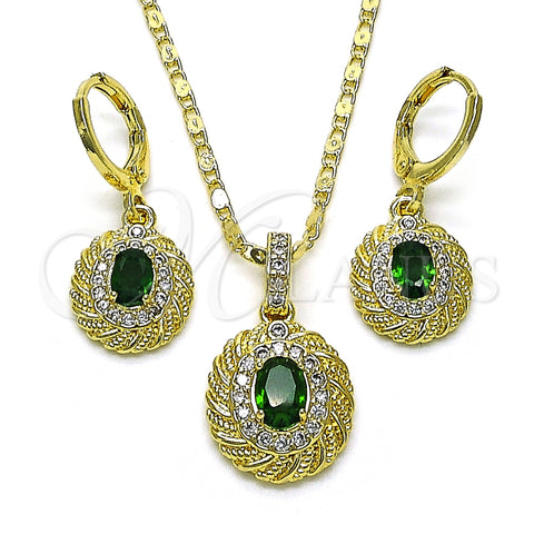 Oro Laminado Earring and Pendant Adult Set, Gold Filled Style with Green Cubic Zirconia and White Micro Pave, Polished, Golden Finish, 10.196.0118