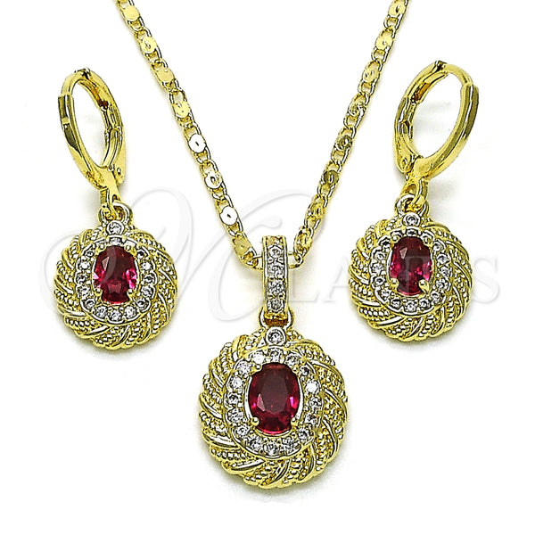 Oro Laminado Earring and Pendant Adult Set, Gold Filled Style with Ruby Cubic Zirconia and White Micro Pave, Polished, Golden Finish, 10.196.0118.1