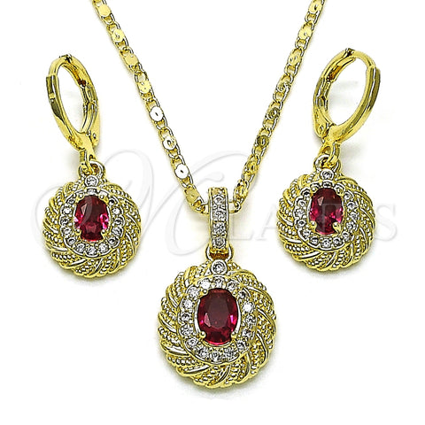 Oro Laminado Earring and Pendant Adult Set, Gold Filled Style with Ruby Cubic Zirconia and White Micro Pave, Polished, Golden Finish, 10.196.0118.1