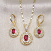 Oro Laminado Earring and Pendant Adult Set, Gold Filled Style with Ruby Cubic Zirconia and White Micro Pave, Polished, Golden Finish, 10.196.0118.1
