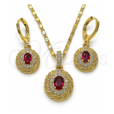 Oro Laminado Earring and Pendant Adult Set, Gold Filled Style with Ruby Cubic Zirconia and White Micro Pave, Polished, Golden Finish, 10.196.0118.1