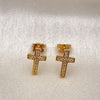 Oro Laminado Stud Earring, Gold Filled Style Cross Design, with White Micro Pave, Polished, Golden Finish, 02.342.0314