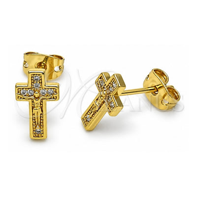 Oro Laminado Stud Earring, Gold Filled Style Crucifix Design, with White Micro Pave, Polished, Golden Finish, 02.342.0315