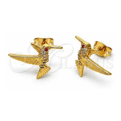 Oro Laminado Stud Earring, Gold Filled Style Bird Design, with White Micro Pave, Polished, Golden Finish, 02.342.0316