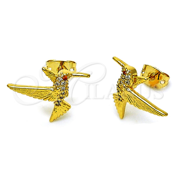 Oro Laminado Stud Earring, Gold Filled Style Bird Design, with White Micro Pave, Polished, Golden Finish, 02.342.0316