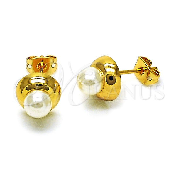 Oro Laminado Stud Earring, Gold Filled Style Ball Design, with Ivory Pearl, Polished, Golden Finish, 02.342.0320