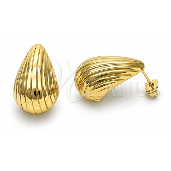Oro Laminado Stud Earring, Gold Filled Style Teardrop Design, Diamond Cutting Finish, Golden Finish, 02.213.0597