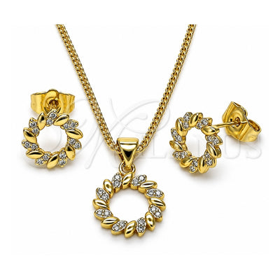 Oro Laminado Earring and Pendant Adult Set, Gold Filled Style Flower and Leaf Design, with White Micro Pave, Polished, Golden Finish, 10.156.0473