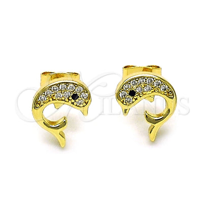 Oro Laminado Stud Earring, Gold Filled Style Dolphin Design, with White and Black Micro Pave, Polished, Golden for wholesale, main product view