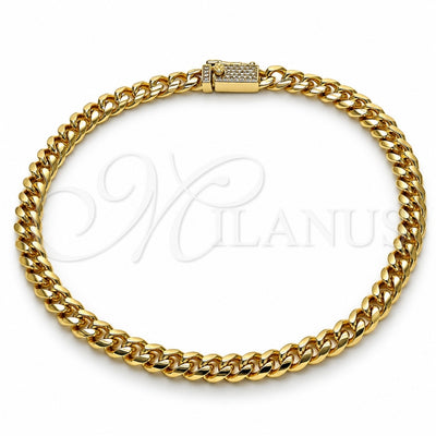 Oro Laminado Basic Anklet, Gold Filled Style Miami Cuban Design, with White Micro Pave, Polished, Golden Finish, 04.213.0303.10 (Thickness, 10 Inches Length)
