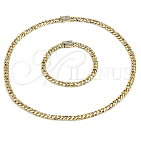Oro Laminado Necklace and Bracelet, Gold Filled Style Miami Cuban Design, with White Micro Pave, Polished, Golden Finish, 06.213.0025.18